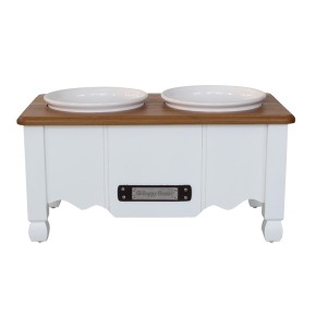 Feeding station white / teak with stainless steel bowls