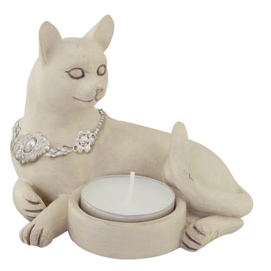 tealight holder cat with necklace white